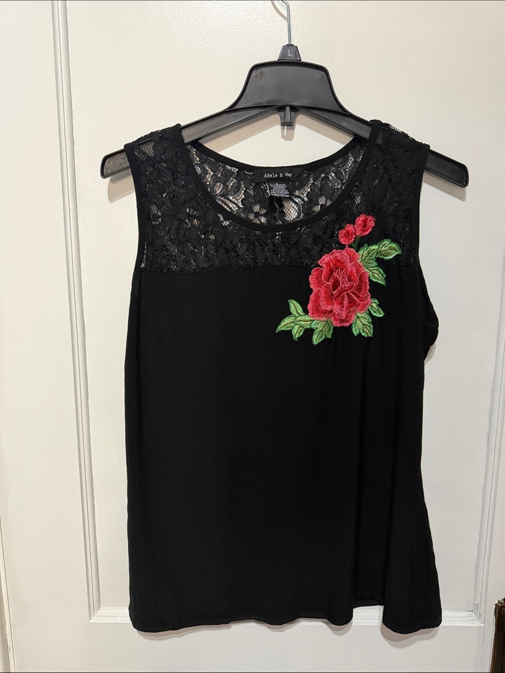 Black Lace Tank Top with Red Rose Appliqué - Picture 2 of 4